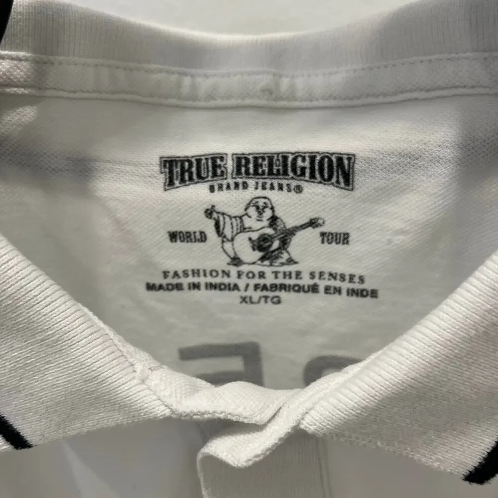 True Religion Men's XL White Black Graphic Polo Shirt